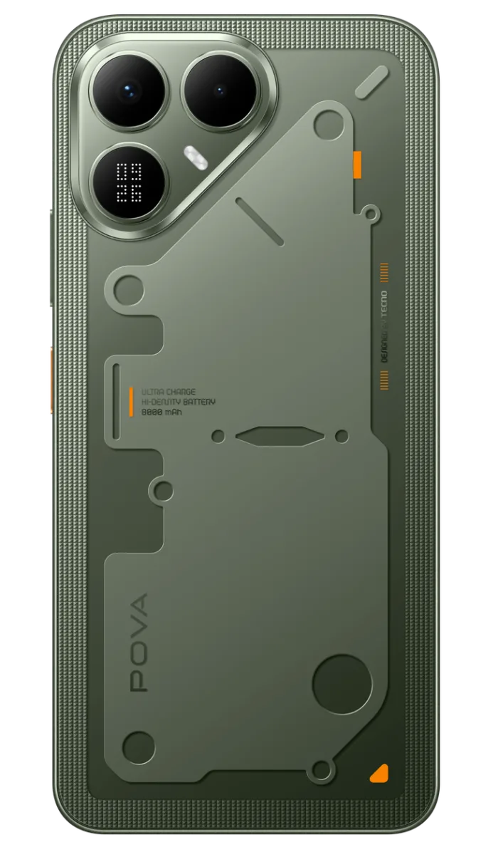 POVA 8 5G — Terminal Green. Translucent back, structural detail.